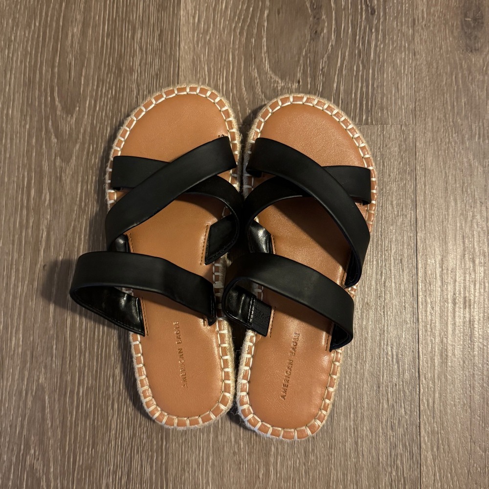 American Eagle Black Criss Cross Espadrille Slide Sandals Womens Size 6 5722
